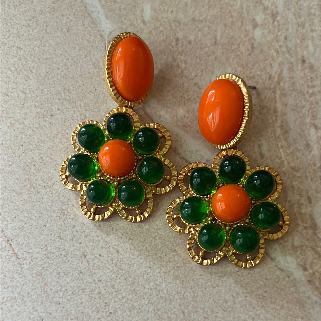 Catwalk Jon Gold Retro Floral Drop Earrings Orange And Green Cabochons Statement